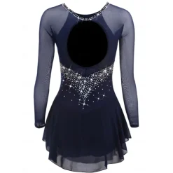 Figure Skating Dress Women's Girls' Ice Skating Dress Dark Navy Patchwork Open Back Mesh Spandex Stretchy Training Practice Professional Skating Wear Crystal / Rhinestone Long Sleeve Ice Skating