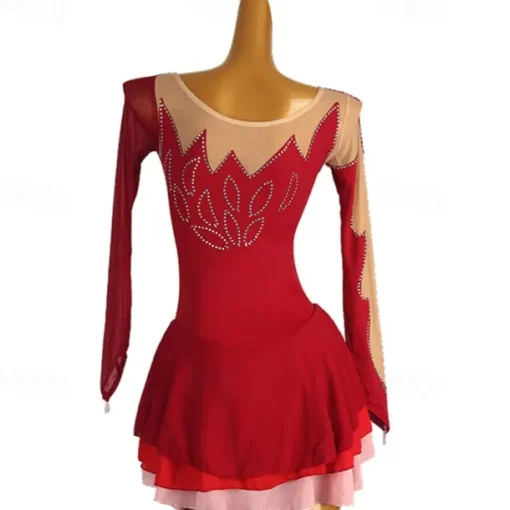 Figure Skating Dress Women's Girls' Ice Skating Dress Burgundy Patchwork Open Back Mesh High Elasticity Training Competition Skating Wear Classic Long Sleeve Ice Skating Figure Skating