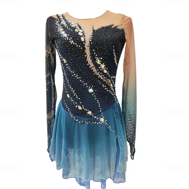 Figure Skating Dress Women's Girls' Ice Skating Dress Dark Blue Thumbhole Halo Dyeing High Elasticity Professional Competition Skating Wear Thermal Warm Crystal / Rhinestone Long Sleeve Ice Skating