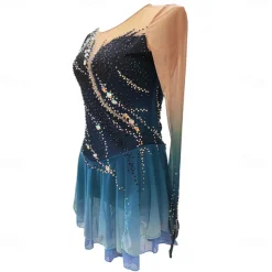 Figure Skating Dress Women's Girls' Ice Skating Dress Dark Blue Thumbhole Halo Dyeing High Elasticity Professional Competition Skating Wear Thermal Warm Crystal / Rhinestone Long Sleeve Ice Skating
