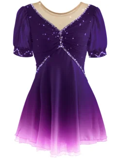 Figure Skating Dress Women's Ice Skating Dress Yan pink Violet White / White Mesh Spandex Leisure Sports Practice Competition Skating Wear Handmade Short Sleeve Skating / Rhinestone