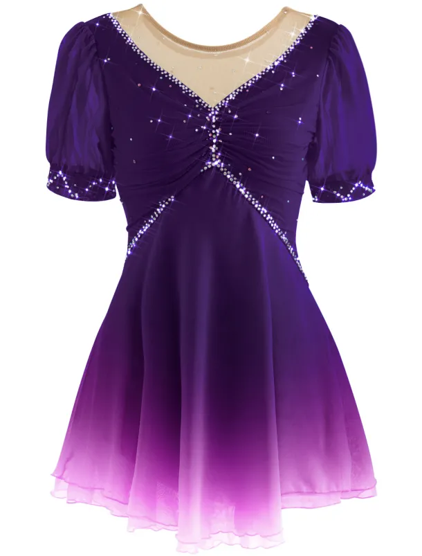 Figure Skating Dress Women's Ice Skating Dress Yan pink Violet White / White Mesh Spandex Leisure Sports Practice Competition Skating Wear Handmade Short Sleeve Skating / Rhinestone