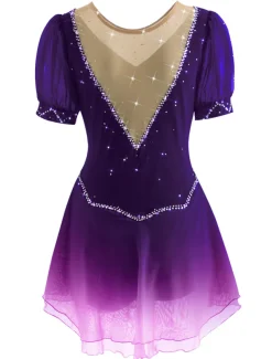 Figure Skating Dress Women's Ice Skating Dress Yan pink Violet White / White Mesh Spandex Leisure Sports Practice Competition Skating Wear Handmade Short Sleeve Skating / Rhinestone