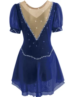 Figure Skating Dress Women's Ice Skating Dress Yan pink Violet White / White Mesh Spandex Leisure Sports Practice Competition Skating Wear Handmade Short Sleeve Skating / Rhinestone
