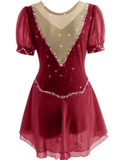 Figure Skating Dress Women's Ice Skating Dress Yan pink Violet White / White Mesh Spandex Leisure Sports Practice Competition Skating Wear Handmade Short Sleeve Skating / Rhinestone