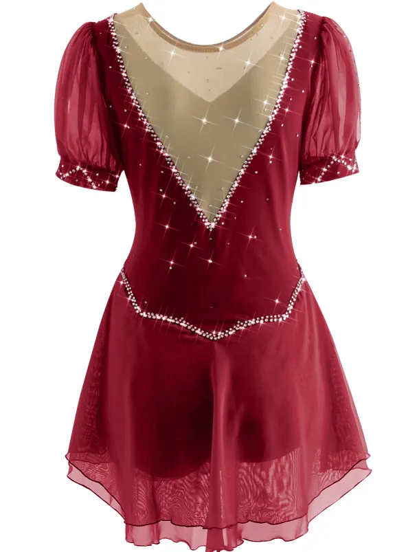 Figure Skating Dress Women's Ice Skating Dress Yan pink Violet White / White Mesh Spandex Leisure Sports Practice Competition Skating Wear Handmade Short Sleeve Skating / Rhinestone