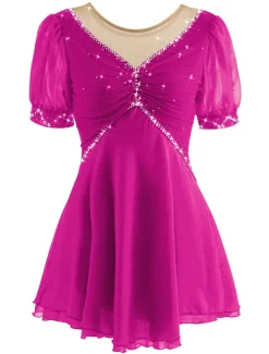 Figure Skating Dress Women's Ice Skating Dress Yan pink Violet White / White Mesh Spandex Leisure Sports Practice Competition Skating Wear Handmade Short Sleeve Skating / Rhinestone
