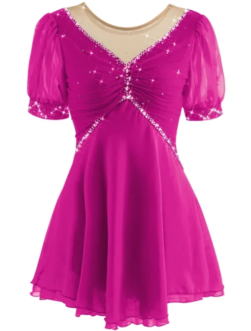 Figure Skating Dress Women's Ice Skating Dress Yan pink Violet White / White Mesh Spandex Leisure Sports Practice Competition Skating Wear Handmade Short Sleeve Skating / Rhinestone