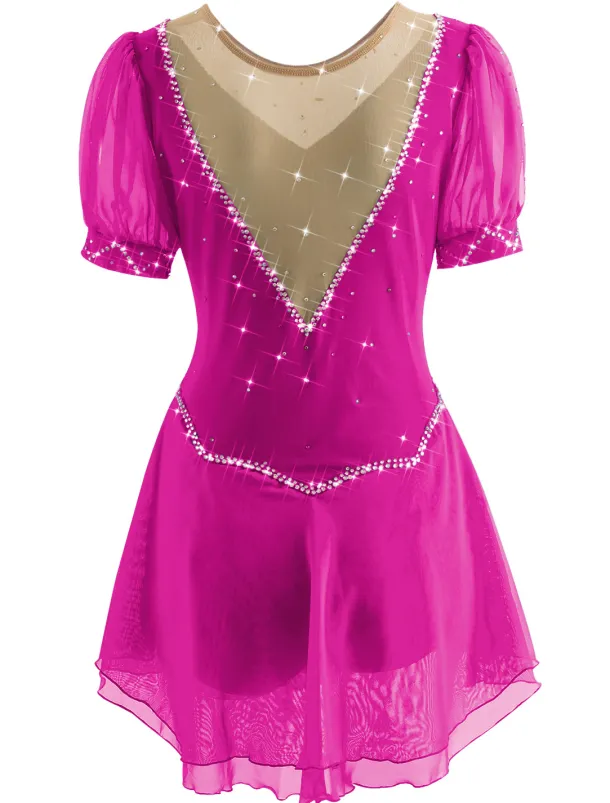 Figure Skating Dress Women's Ice Skating Dress Yan pink Violet White / White Mesh Spandex Leisure Sports Practice Competition Skating Wear Handmade Short Sleeve Skating / Rhinestone