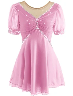 Figure Skating Dress Women's Ice Skating Dress Yan pink Violet White / White Mesh Spandex Leisure Sports Practice Competition Skating Wear Handmade Short Sleeve Skating / Rhinestone