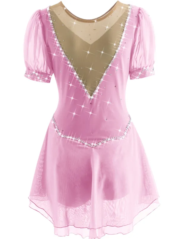 Figure Skating Dress Women's Ice Skating Dress Yan pink Violet White / White Mesh Spandex Leisure Sports Practice Competition Skating Wear Handmade Short Sleeve Skating / Rhinestone