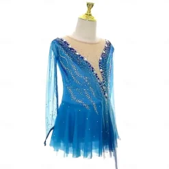 Figure Skating Dress Women's Girls' Ice Skating Dress Blue High Elasticity Training Competition Skating Wear Classic Crystal / Rhinestone Long Sleeve Ice Skating Figure Skating
