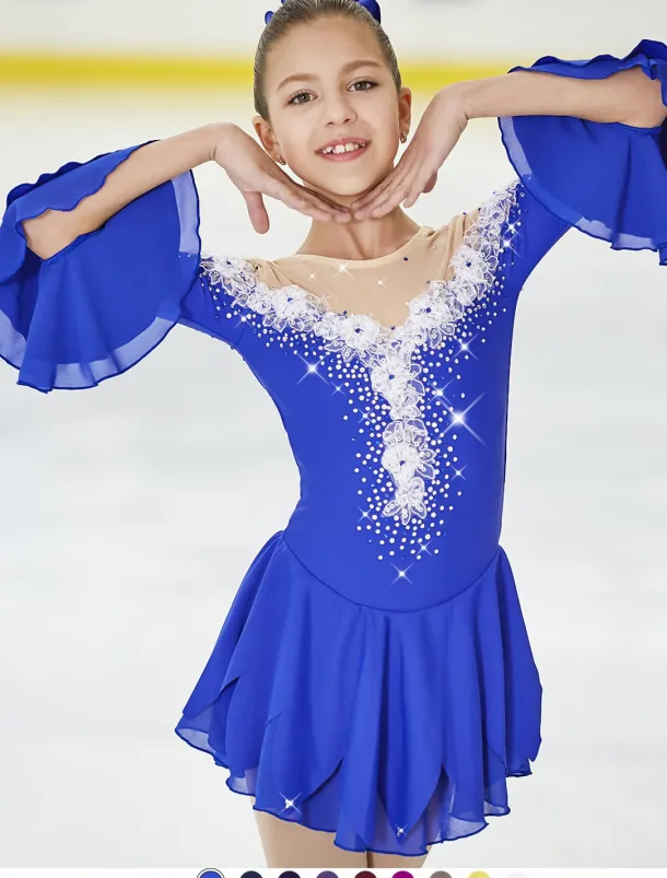 Figure Skating Dress Women's Girls' Ice Skating Dress Violet White Yellow Patchwork Flower Mesh High Elasticity Training Practice Competition Skating Wear Handmade Floral Botanical Half Sleeve Ice