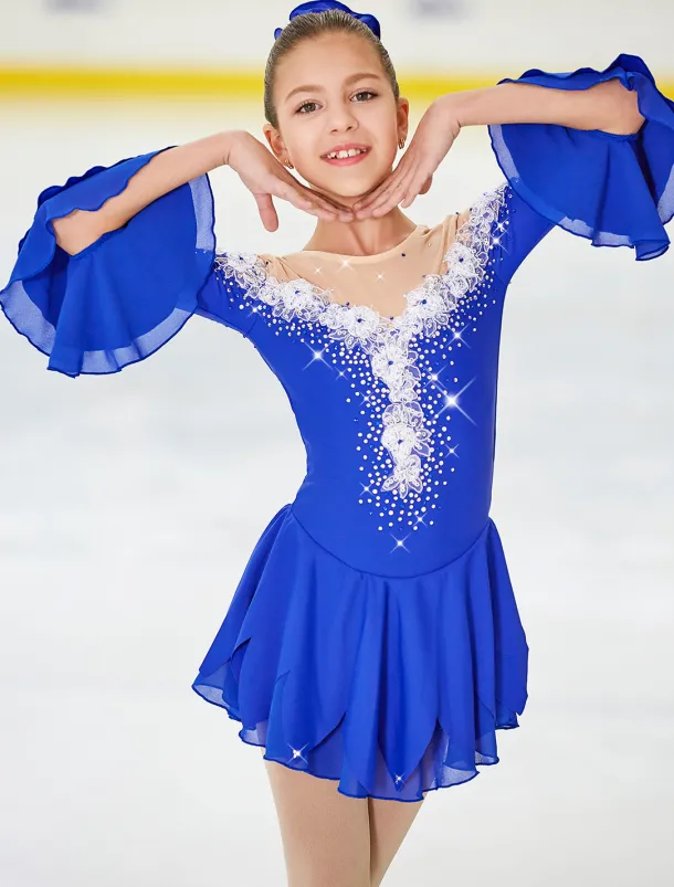 Figure Skating Dress Women's Girls' Ice Skating Dress Violet White Yellow Patchwork Flower Mesh High Elasticity Training Practice Competition Skating Wear Handmade Floral Botanical Half Sleeve Ice