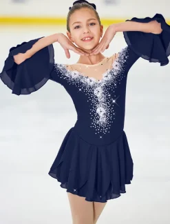 Figure Skating Dress Women's Girls' Ice Skating Dress Violet White Yellow Patchwork Flower Mesh High Elasticity Training Practice Competition Skating Wear Handmade Floral Botanical Half Sleeve Ice