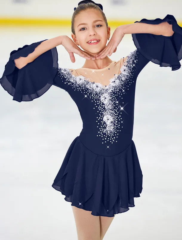 Figure Skating Dress Women's Girls' Ice Skating Dress Violet White Yellow Patchwork Flower Mesh High Elasticity Training Practice Competition Skating Wear Handmade Floral Botanical Half Sleeve Ice