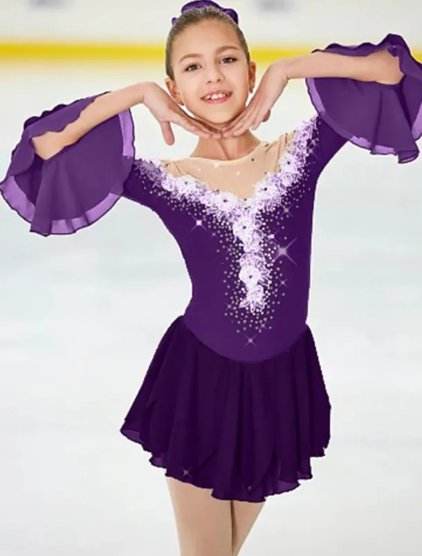 Figure Skating Dress Women's Girls' Ice Skating Dress Violet White Yellow Patchwork Flower Mesh High Elasticity Training Practice Competition Skating Wear Handmade Floral Botanical Half Sleeve Ice