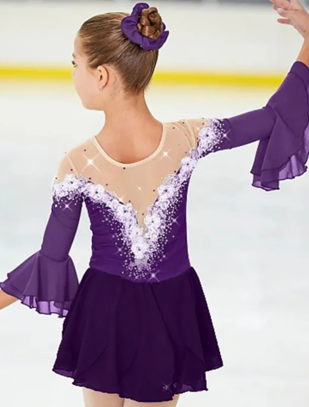 Figure Skating Dress Women's Girls' Ice Skating Dress Violet White Yellow Patchwork Flower Mesh High Elasticity Training Practice Competition Skating Wear Handmade Floral Botanical Half Sleeve Ice