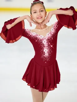 Figure Skating Dress Women's Girls' Ice Skating Dress Violet White Yellow Patchwork Flower Mesh High Elasticity Training Practice Competition Skating Wear Handmade Floral Botanical Half Sleeve Ice