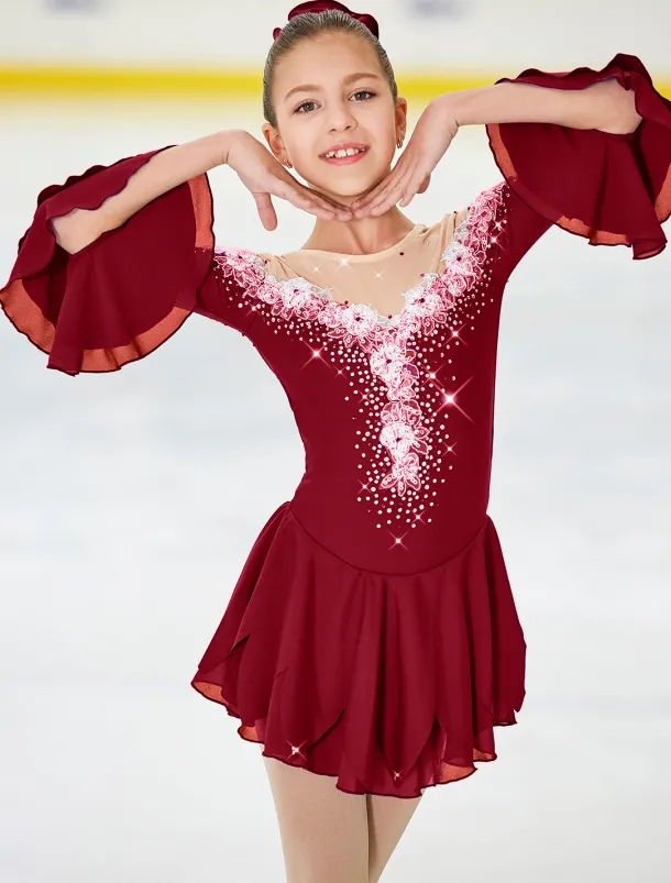 Figure Skating Dress Women's Girls' Ice Skating Dress Violet White Yellow Patchwork Flower Mesh High Elasticity Training Practice Competition Skating Wear Handmade Floral Botanical Half Sleeve Ice