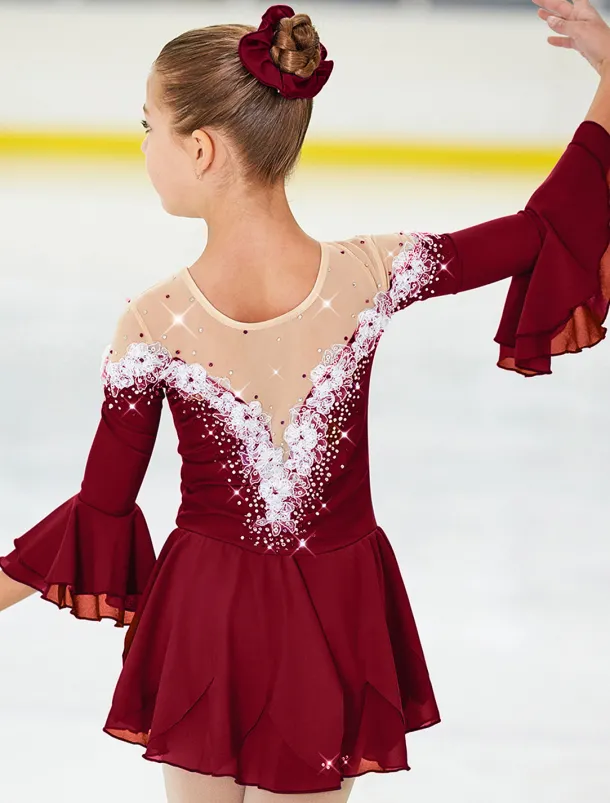 Figure Skating Dress Women's Girls' Ice Skating Dress Violet White Yellow Patchwork Flower Mesh High Elasticity Training Practice Competition Skating Wear Handmade Floral Botanical Half Sleeve Ice