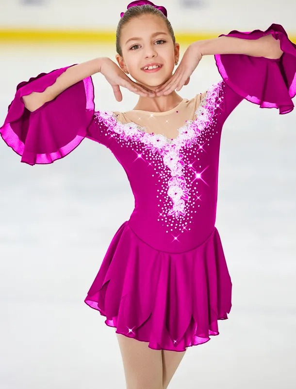 Figure Skating Dress Women's Girls' Ice Skating Dress Violet White Yellow Patchwork Flower Mesh High Elasticity Training Practice Competition Skating Wear Handmade Floral Botanical Half Sleeve Ice