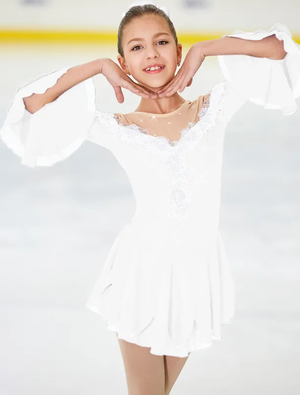 Figure Skating Dress Women's Girls' Ice Skating Dress Violet White Yellow Patchwork Flower Mesh High Elasticity Training Practice Competition Skating Wear Handmade Floral Botanical Half Sleeve Ice