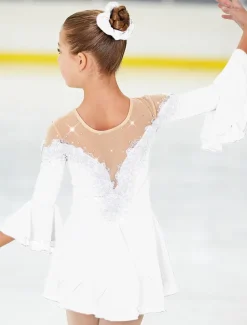 Figure Skating Dress Women's Girls' Ice Skating Dress Violet White Yellow Patchwork Flower Mesh High Elasticity Training Practice Competition Skating Wear Handmade Floral Botanical Half Sleeve Ice
