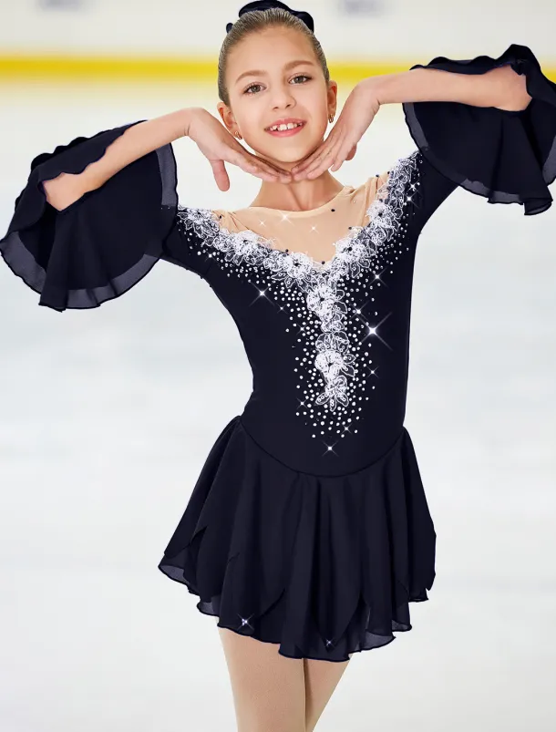 Figure Skating Dress Women's Girls' Ice Skating Dress Violet White Yellow Patchwork Flower Mesh High Elasticity Training Practice Competition Skating Wear Handmade Floral Botanical Half Sleeve Ice