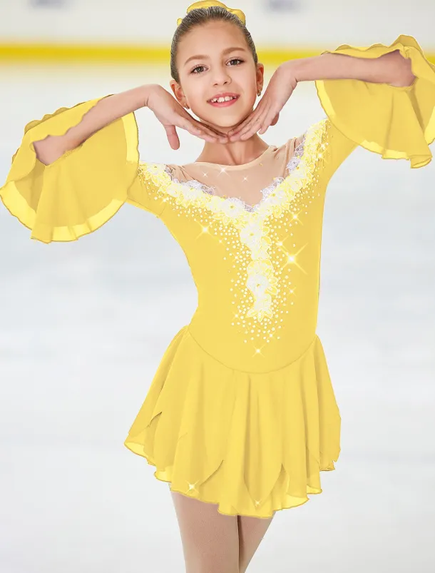 Figure Skating Dress Women's Girls' Ice Skating Dress Violet White Yellow Patchwork Flower Mesh High Elasticity Training Practice Competition Skating Wear Handmade Floral Botanical Half Sleeve Ice