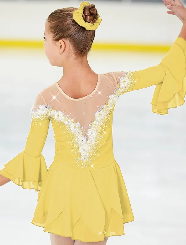 Figure Skating Dress Women's Girls' Ice Skating Dress Violet White Yellow Patchwork Flower Mesh High Elasticity Training Practice Competition Skating Wear Handmade Floral Botanical Half Sleeve Ice