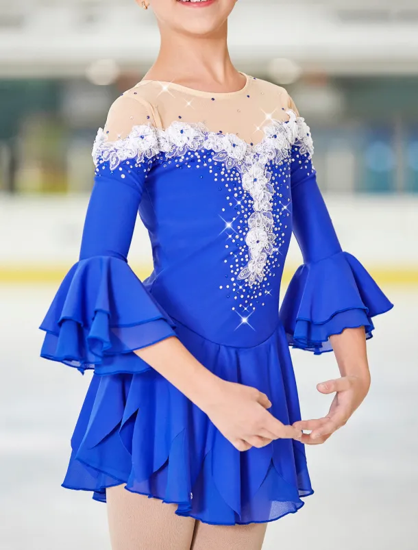 Figure Skating Dress Women's Girls' Ice Skating Dress Violet White Yellow Patchwork Flower Mesh High Elasticity Training Practice Competition Skating Wear Handmade Floral Botanical Half Sleeve Ice