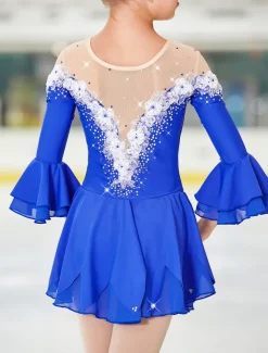Figure Skating Dress Women's Girls' Ice Skating Dress Violet White Yellow Patchwork Flower Mesh High Elasticity Training Practice Competition Skating Wear Handmade Floral Botanical Half Sleeve Ice