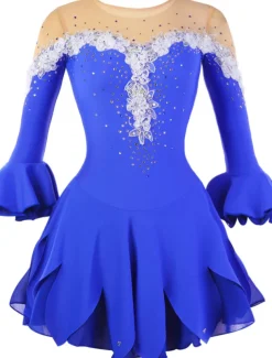 Figure Skating Dress Women's Girls' Ice Skating Dress Violet White Yellow Patchwork Flower Mesh High Elasticity Training Practice Competition Skating Wear Handmade Floral Botanical Half Sleeve Ice