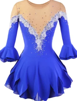 Figure Skating Dress Women's Girls' Ice Skating Dress Violet White Yellow Patchwork Flower Mesh High Elasticity Training Practice Competition Skating Wear Handmade Floral Botanical Half Sleeve Ice