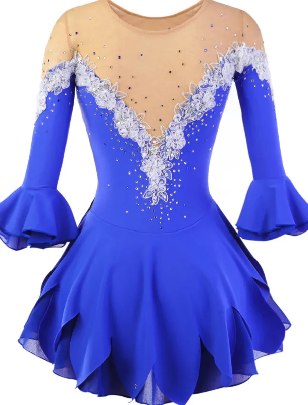 Figure Skating Dress Women's Girls' Ice Skating Dress Violet White Yellow Patchwork Flower Mesh High Elasticity Training Practice Competition Skating Wear Handmade Floral Botanical Half Sleeve Ice