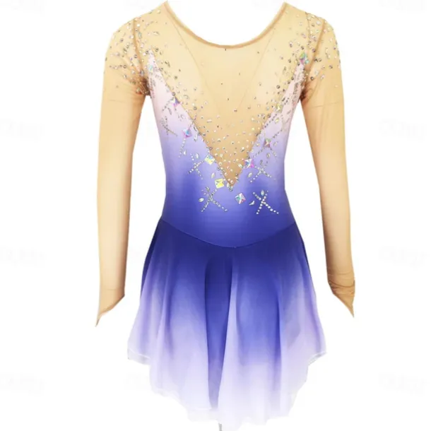 Figure Skating Dress Women's Girls' Ice Skating Dress Blue High Elasticity Training Competition Skating Wear Classic Crystal / Rhinestone Long Sleeve Ice Skating Figure Skating