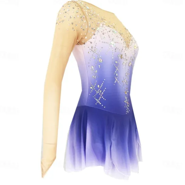 Figure Skating Dress Women's Girls' Ice Skating Dress Blue High Elasticity Training Competition Skating Wear Classic Crystal / Rhinestone Long Sleeve Ice Skating Figure Skating