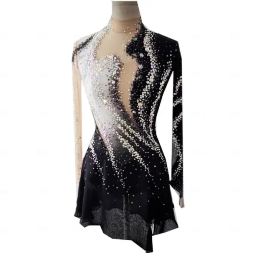 Figure Skating Dress Women's Girls' Ice Skating Dress Black Thumbhole Halo Dyeing High Elasticity Professional Competition Skating Wear Thermal Warm Crystal / Rhinestone Long Sleeve Ice Skating