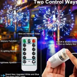 Firework Lights 150 LED Starburst Lights Copper Wire Lights 8 Modes Battery Operated Fairy Lights with Remote Warm White Hanging Christmas Lights for Party Patio Bedroom Decoration