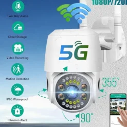 Five Lens HD 1080P/720P Wireless Speed Dome PTZ WiFi IP Camera Two-way Intercom Full Color Night Vision Motion Detection 5G Dual-band IP66 Waterproof Indoor and Outdoor Surveillance Camera