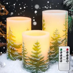 Flameless Candles with Timer Battery Operated Wax Led Pillar Candles Christmas Tree Flickering Candles for Holiday Home Decor Gift Set of 3
