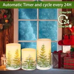 Flameless Candles with Timer Battery Operated Wax Led Pillar Candles Christmas Tree Flickering Candles for Holiday Home Decor Gift Set of 3