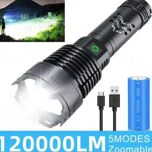 Flashlights High Lumens Rechargeable, 120000 Lumen Flashlight xhp160 Zoomable Brightest Flashlight, with 5 Modes Waterproof LED Tactical Flashlight for Emergencies Camping