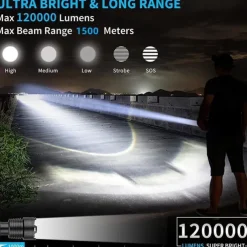 Flashlights High Lumens Rechargeable, 120000 Lumen Flashlight xhp160 Zoomable Brightest Flashlight, with 5 Modes Waterproof LED Tactical Flashlight for Emergencies Camping