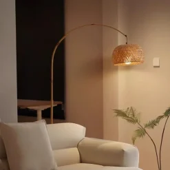 Floor Lamp Bedside Floor Lamp Bamboo Style Standing Light with Arc Arm in Wood Wabi-Sabi Style Floor Lamp