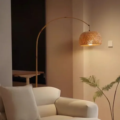 Floor Lamp Bedside Floor Lamp Bamboo Style Standing Light with Arc Arm in Wood Wabi-Sabi Style Floor Lamp