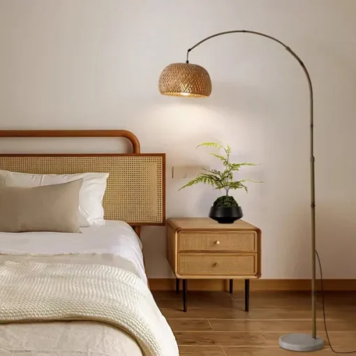 Floor Lamp Bedside Floor Lamp Bamboo Style Standing Light with Arc Arm in Wood Wabi-Sabi Style Floor Lamp