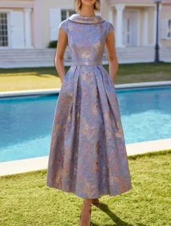 Floral A-Line Dress Mother of the Bride Dress Elegant Vintage V Neck Ankle Length Polyester Short Sleeve with Embroidery Jacquard Race Day Dress Wedding Guest Dress