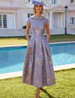 Floral A-Line Dress Mother of the Bride Dress Elegant Vintage V Neck Ankle Length Polyester Short Sleeve with Embroidery Jacquard Race Day Dress Wedding Guest Dress